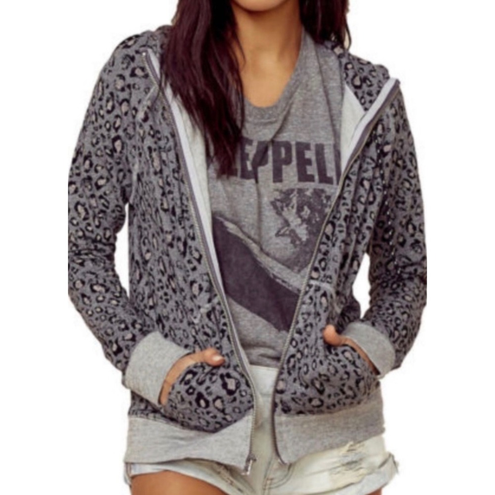 SUNDRY Leopard Print Zip Up Hoodie Gray Women's Size 0 (XS)‎